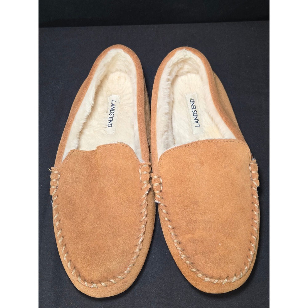 Lands End Mens Tan Suede Shearling Lined Moccasin Slippers Size 8
